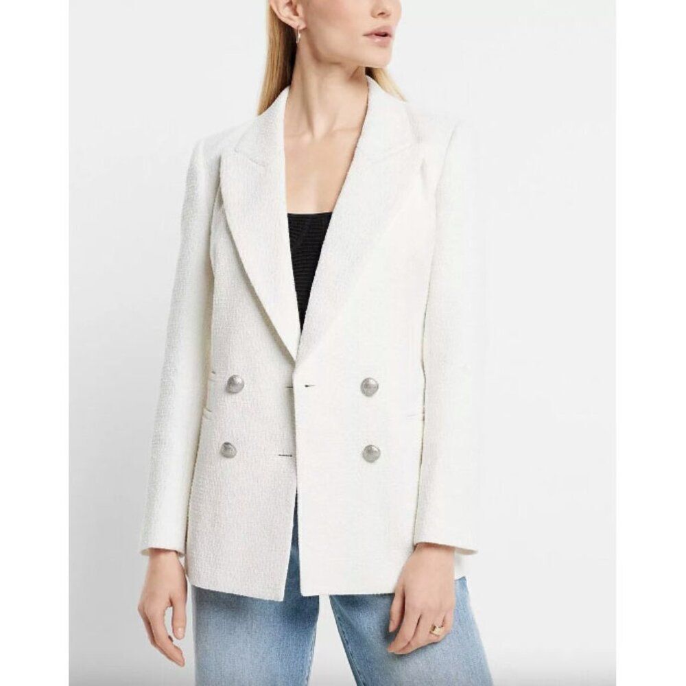 NWT Express white silver metallic sparkle tweed double breasted blazer jacket
